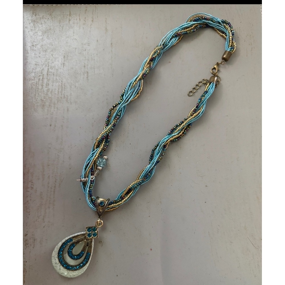 Boho Multi Strand Twisted Bead Turquoise Gold TeardropPendant Statement Necklace